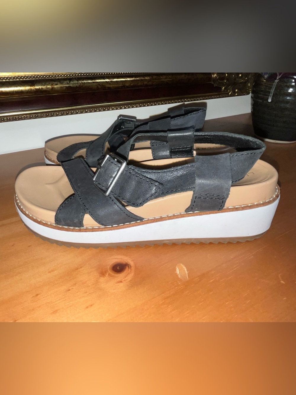 Lucky Brand Black Platform Crossover Strap Sandals with Buckle